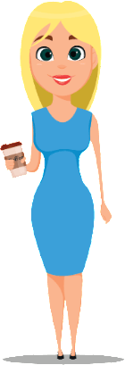 A woman in a blue dress is holding a cup of coffee.