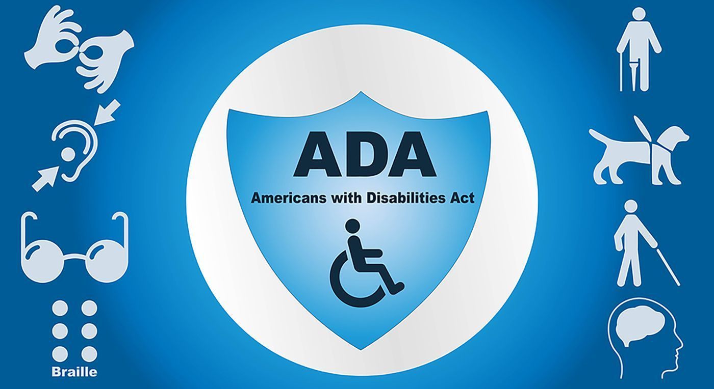 ADA logo featuring a shield icon, a wheelchair symbol, and various disability-related icons on a blue background.