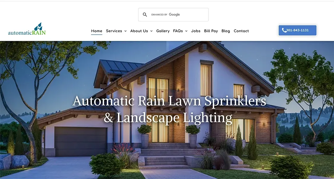 Website header for an irrigation and lighting company featuring a suburban house at dusk with landscape lighting.