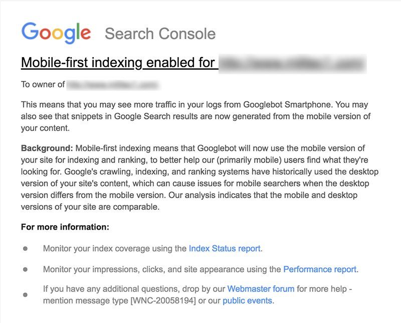 A google search console page that says mobile first indexing enabled for