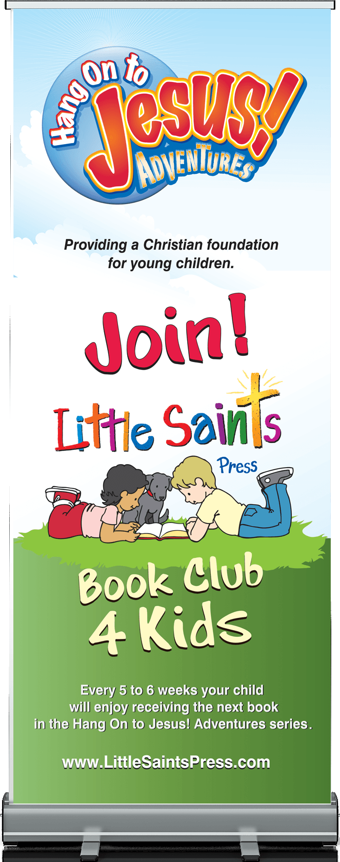 A sign that says `` join little saints book club 4 kids ''.