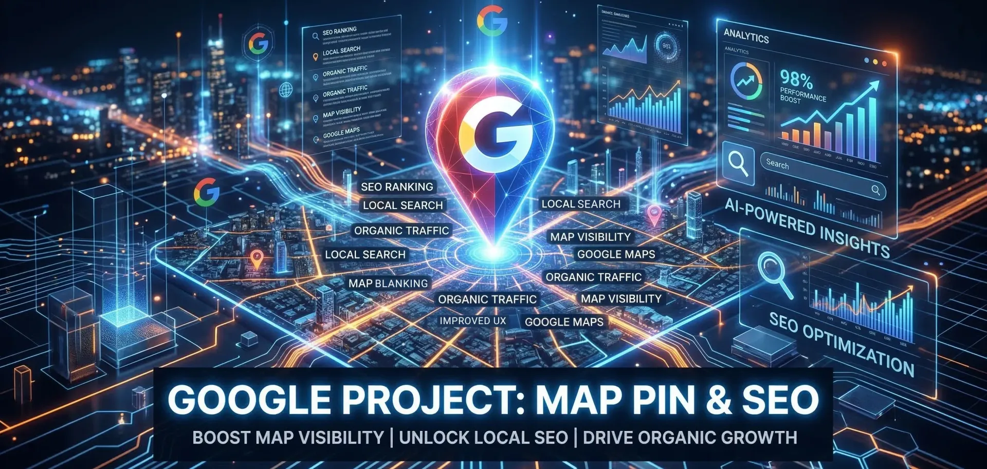 A glowing digital map pin featuring a 'G' logo sits above a stylized, tech-focused cityscape with data charts and SEO text.