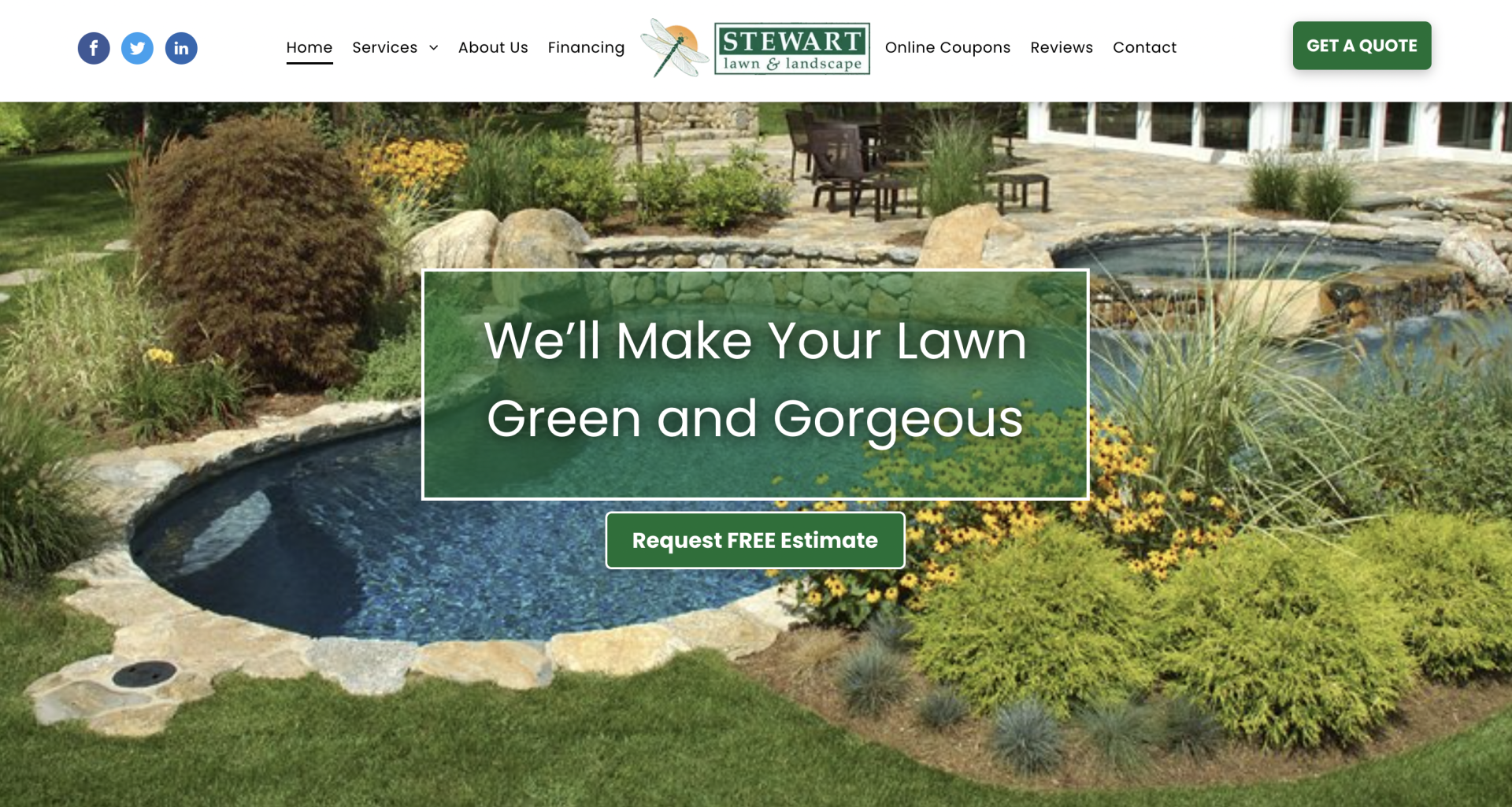 A lawn with a pool and a sign that says `` we 'll make your lawn green and gorgeous ''.
