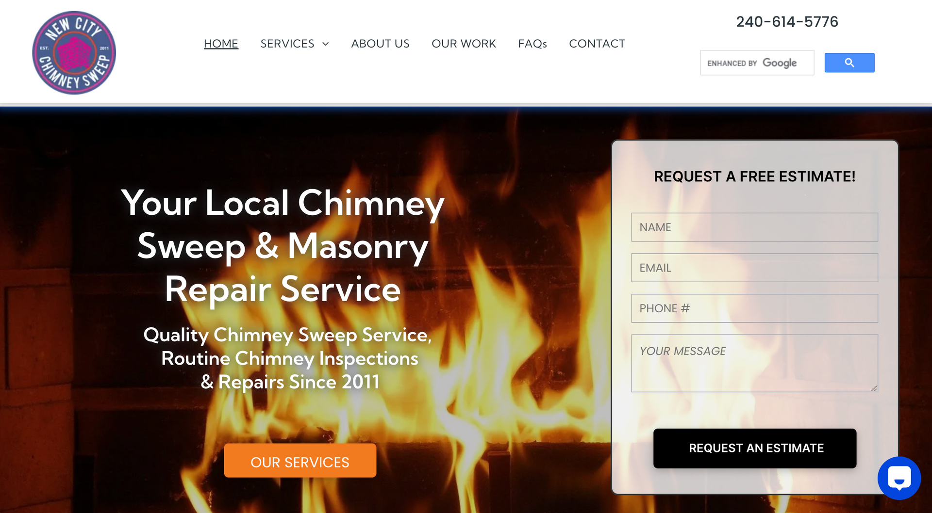 A screenshot of a website for new city chimney sweep llc