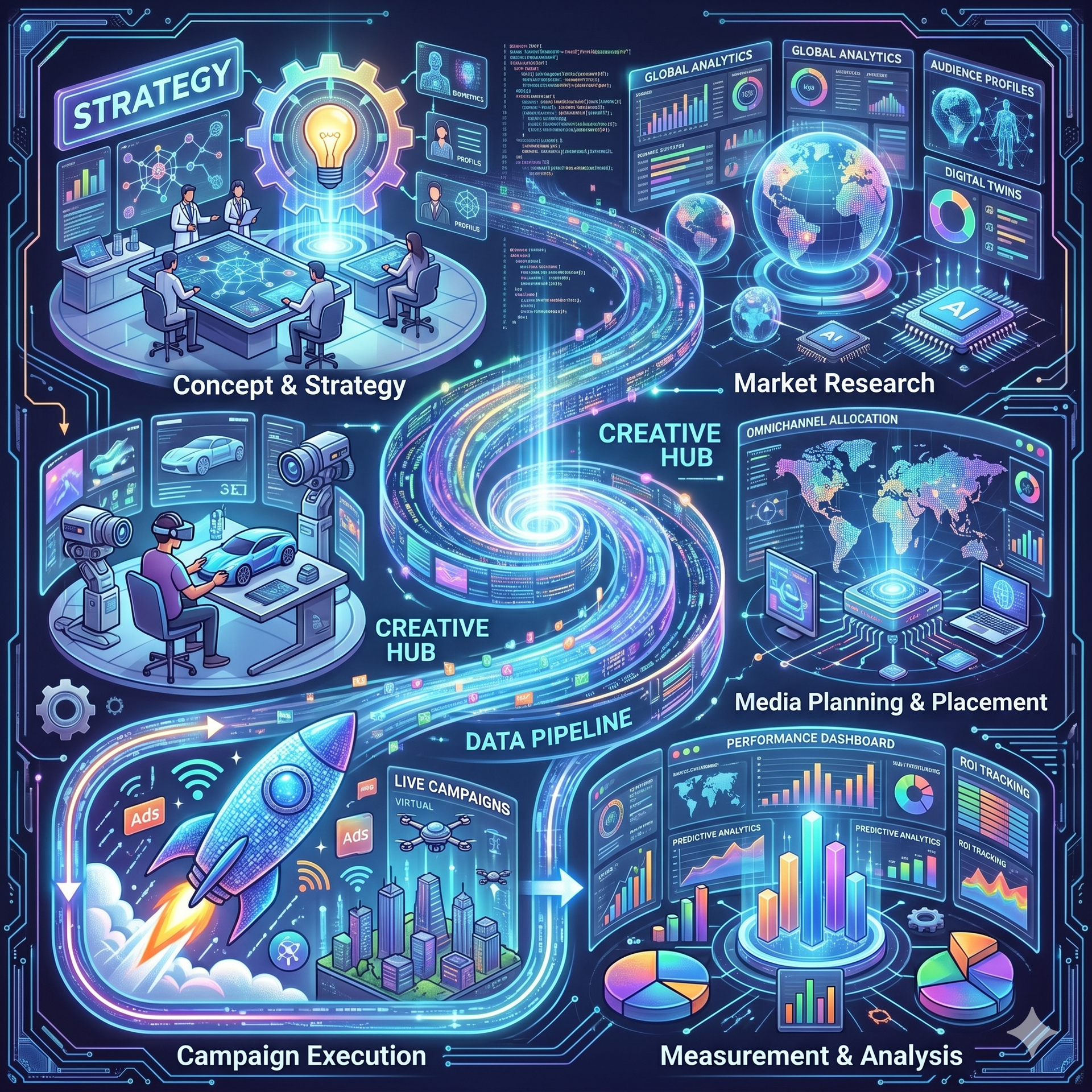 Glowing digital marketing dashboard with strategy, research, campaign, and analytics panels around a central light spiral