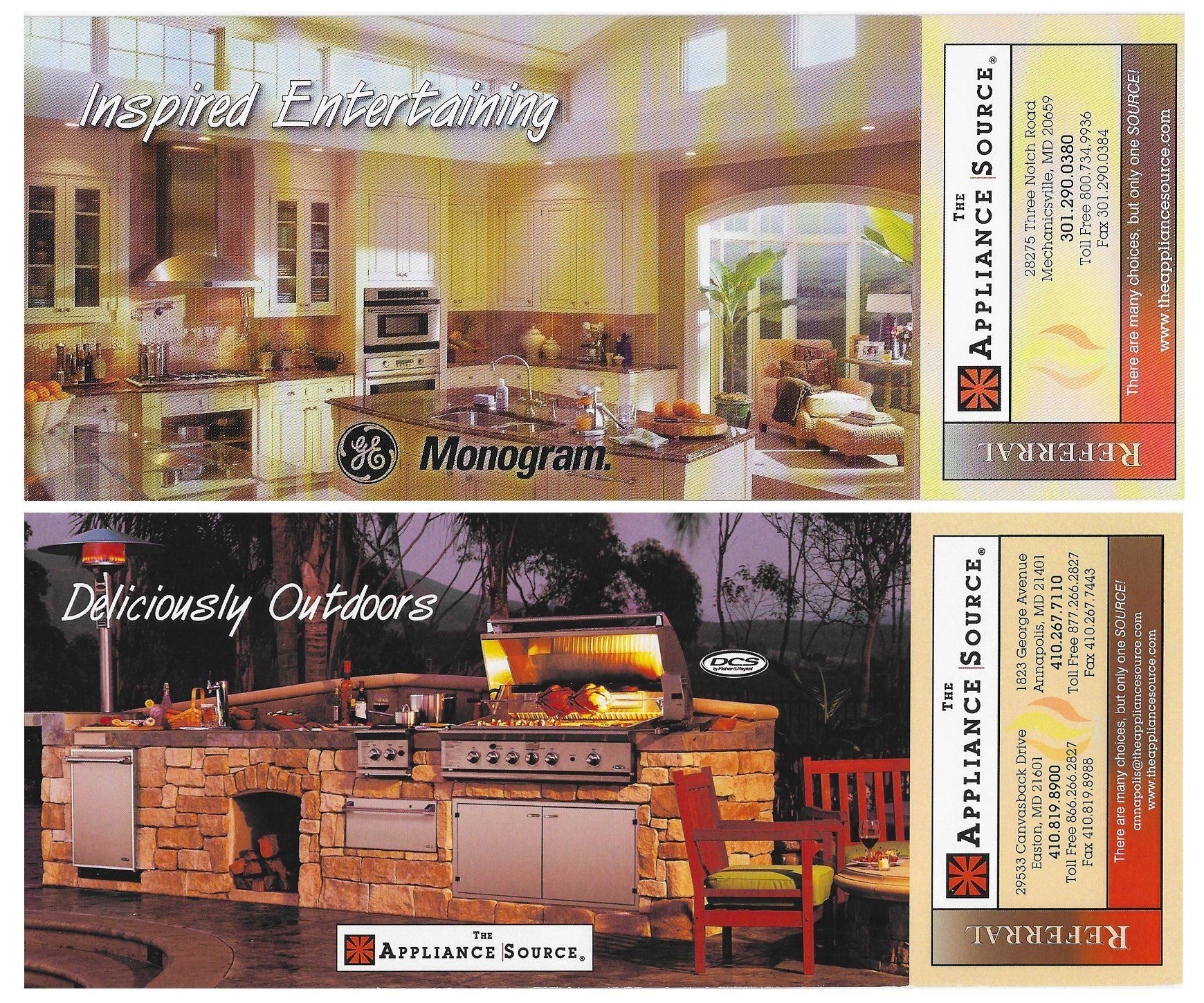 Two advertisements for appliance source and monogram
