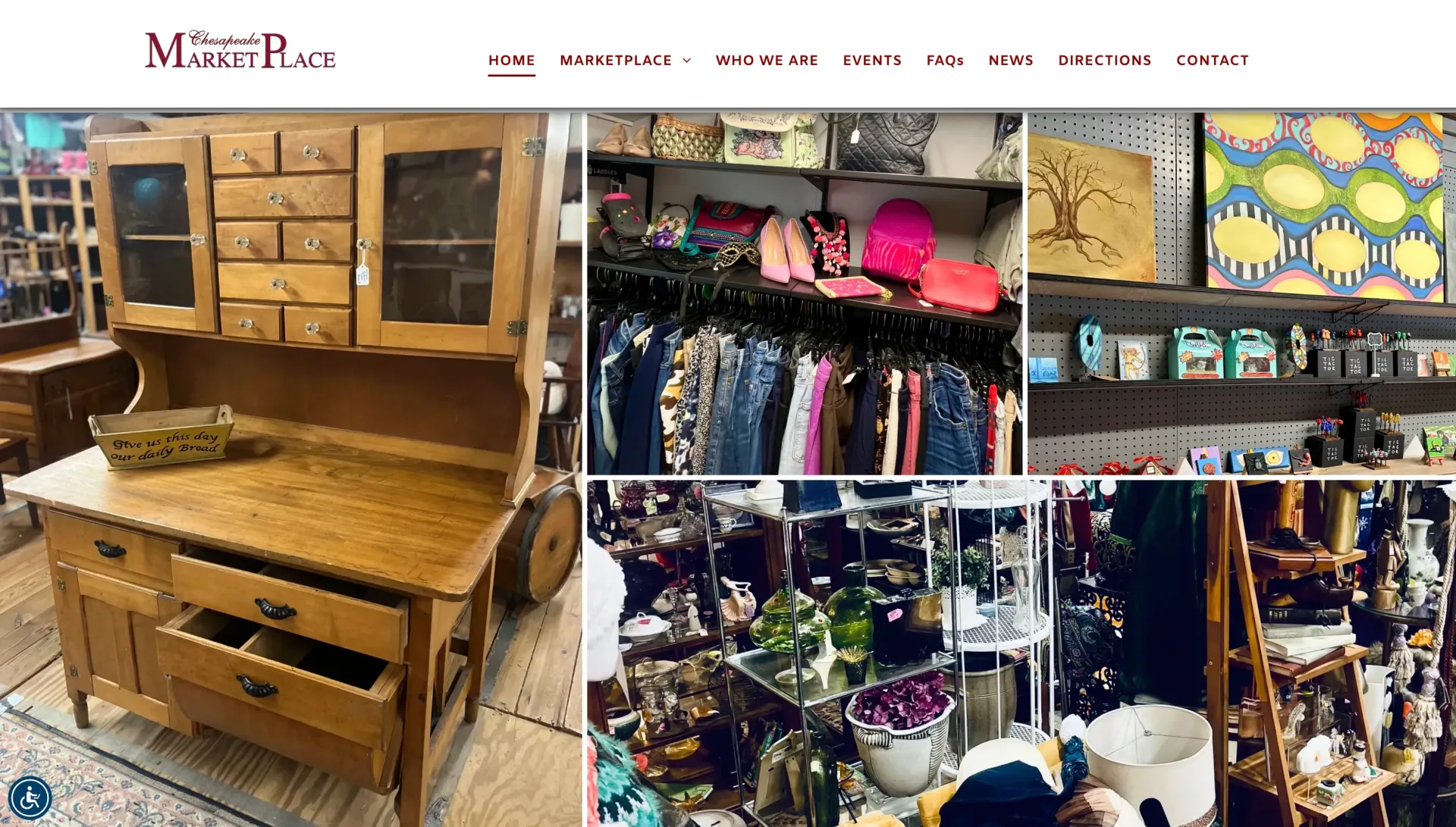 The Market Place website header featuring a collage of antique furniture, holiday decorations, and home decor items.