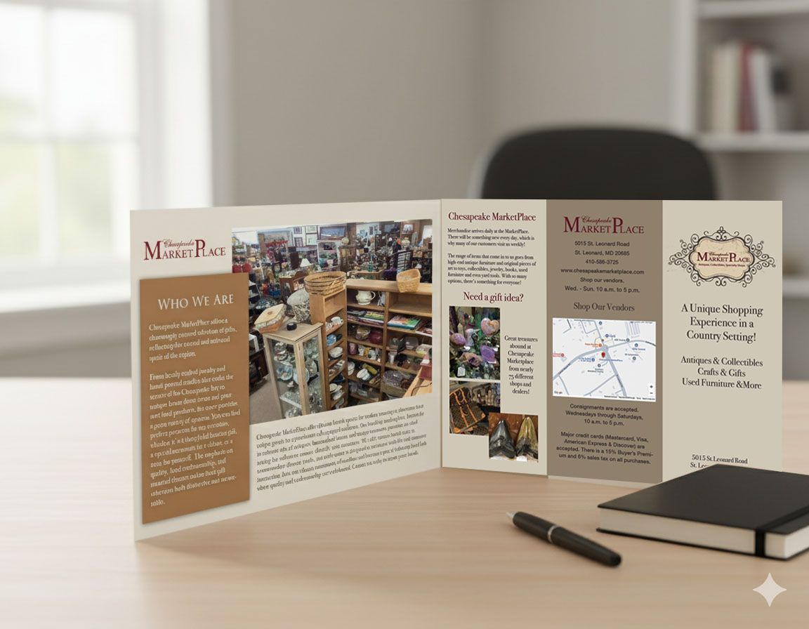 Three brochures are sitting on a wooden table.