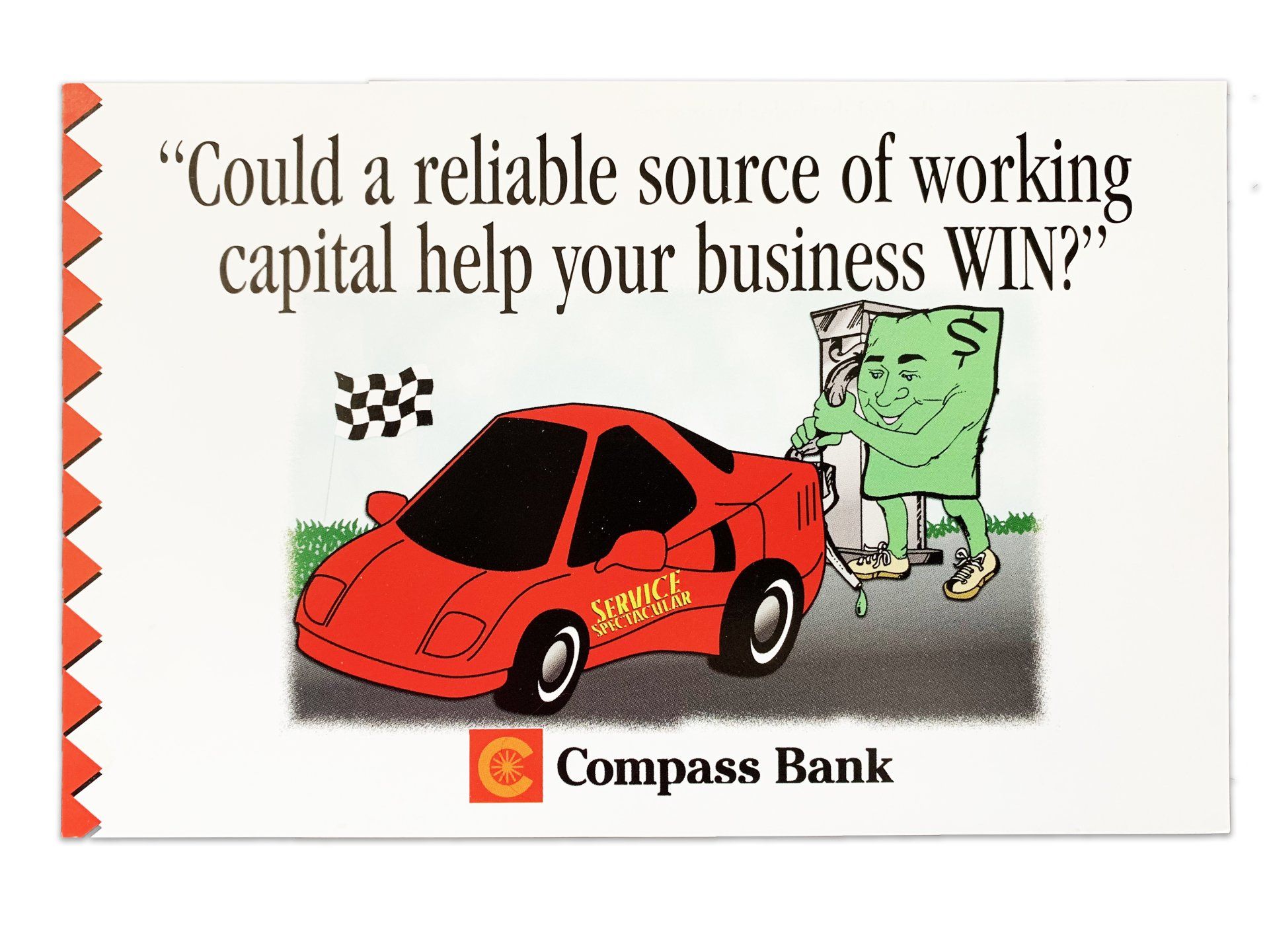 An advertisement for compass bank with a red car