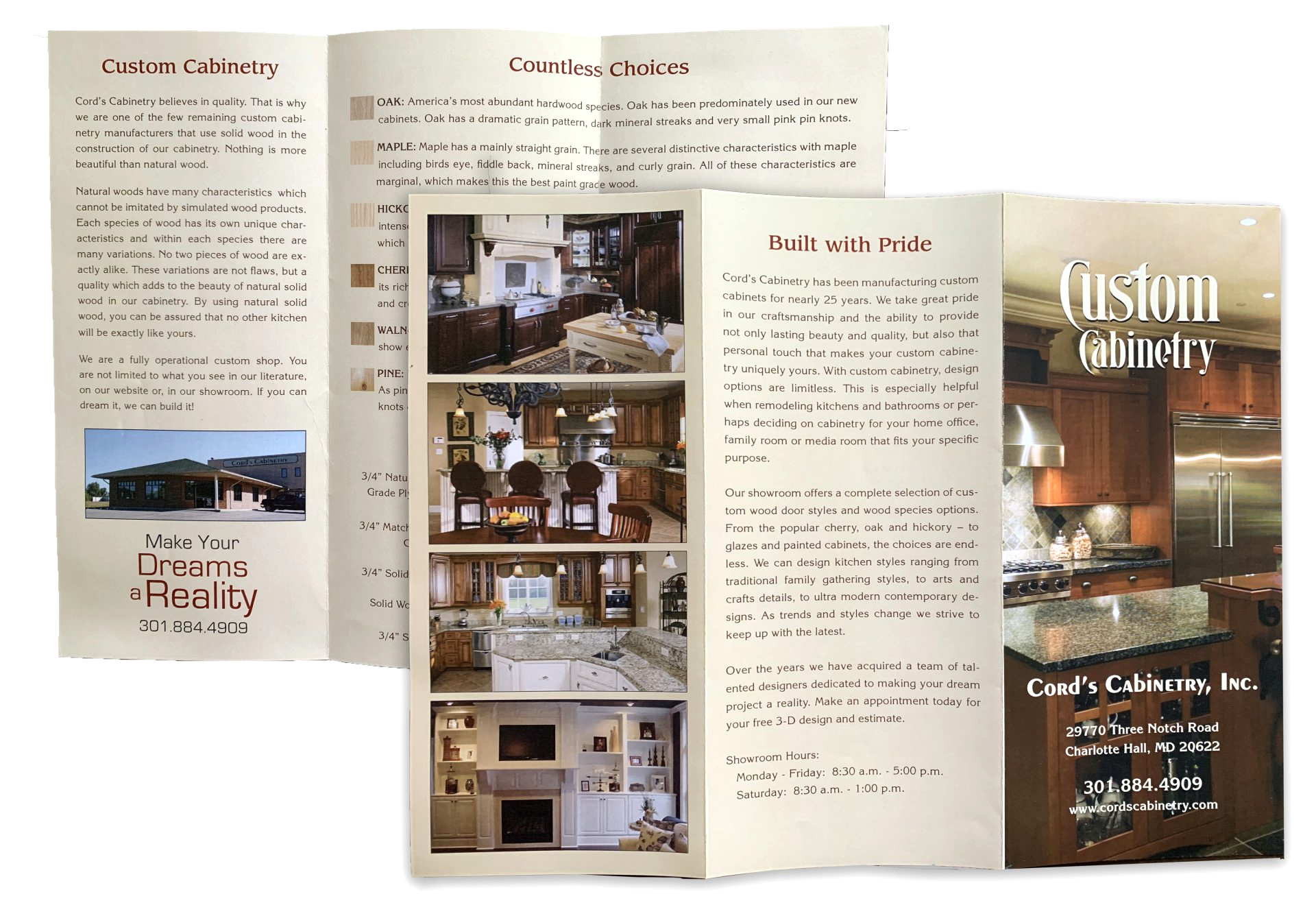 A brochure for a company called custom cabinets