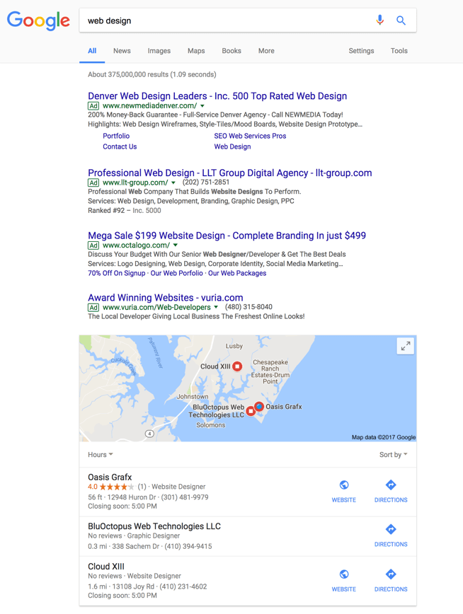 A screenshot of a google search for web design.
