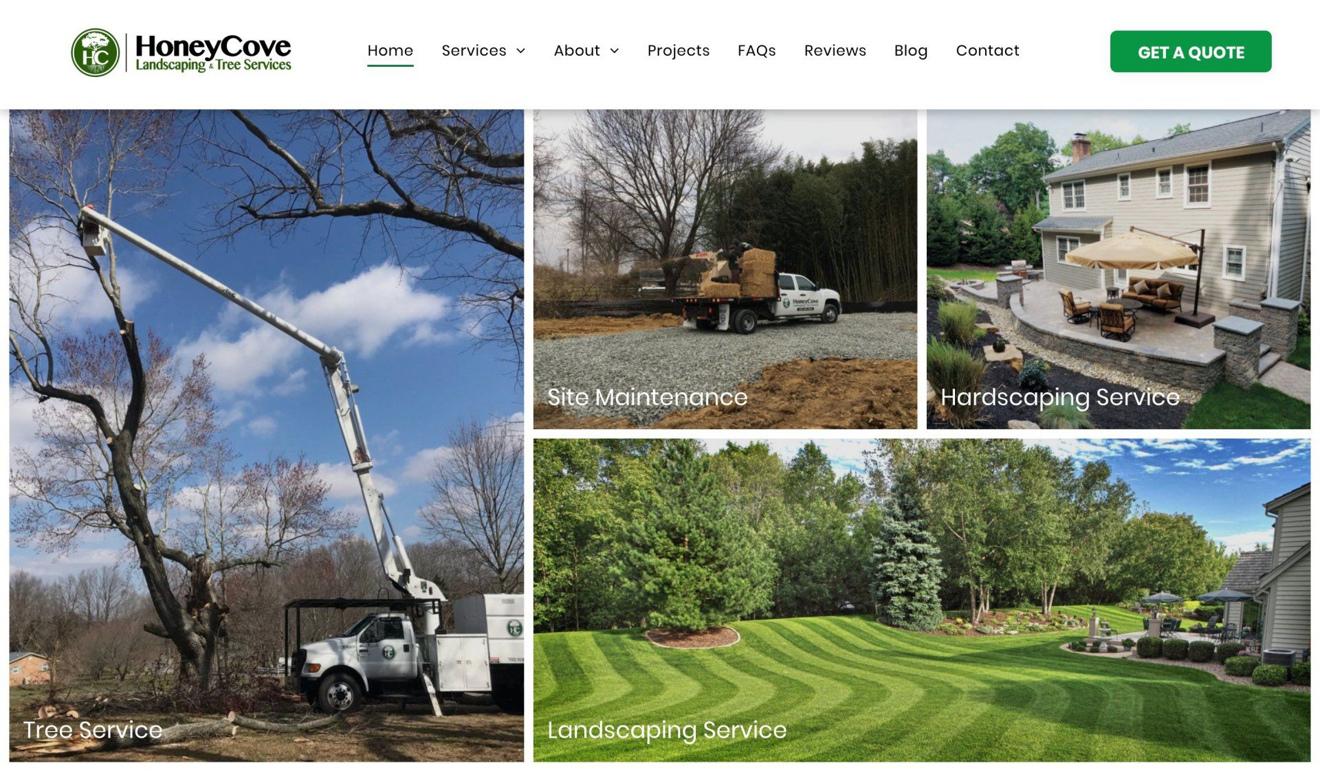 A collage of pictures of a lawn and a house on a website.