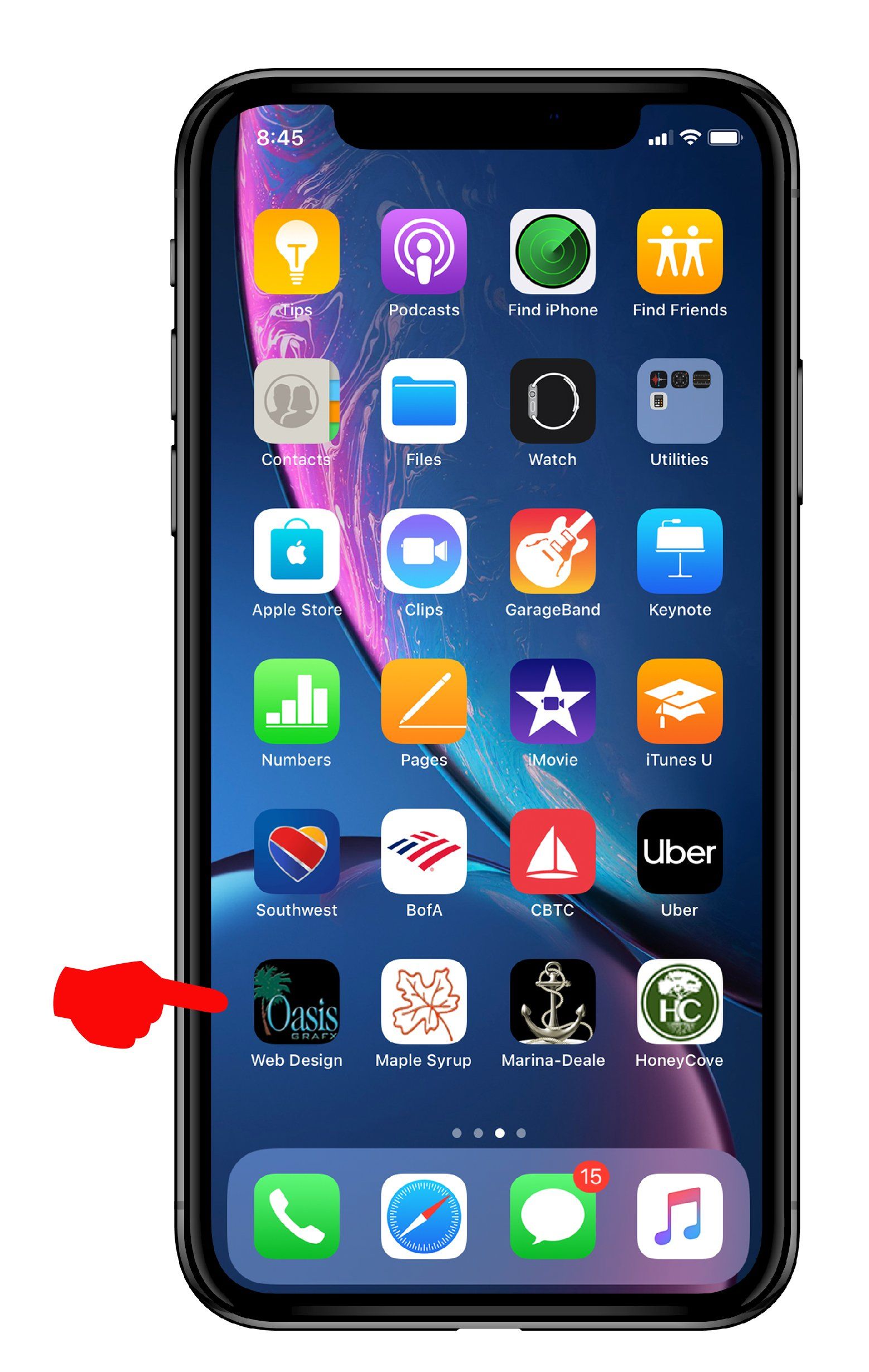 A cell phone with a red arrow pointing to the home screen.