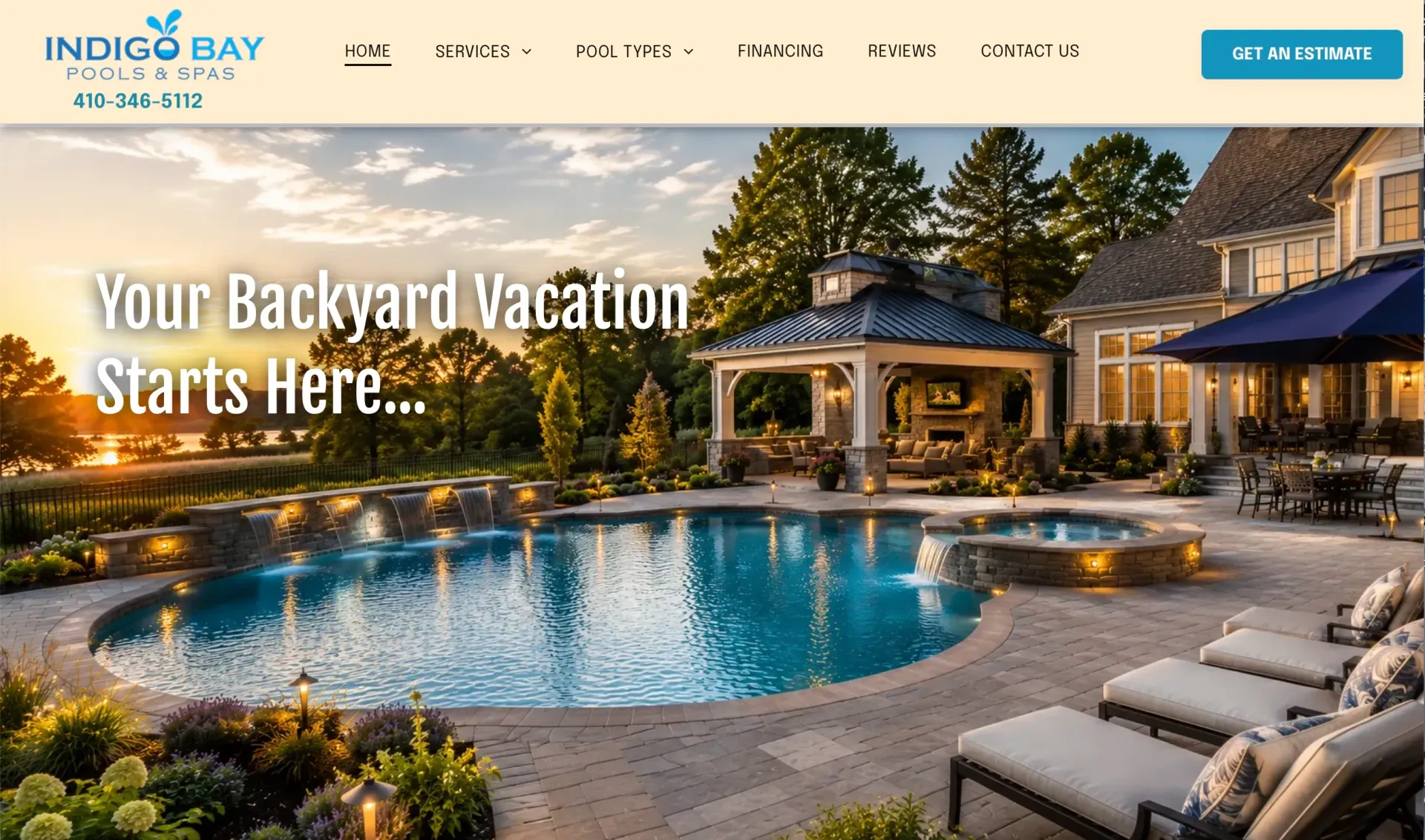 Luxury backyard pool with waterfall, gazebo, and lounge chairs at sunset, with “Your Backyard Vacation Starts Here” text