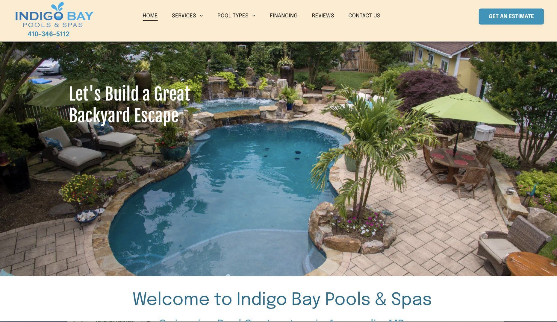 A screenshot of the website for indigo bay pools and spas.