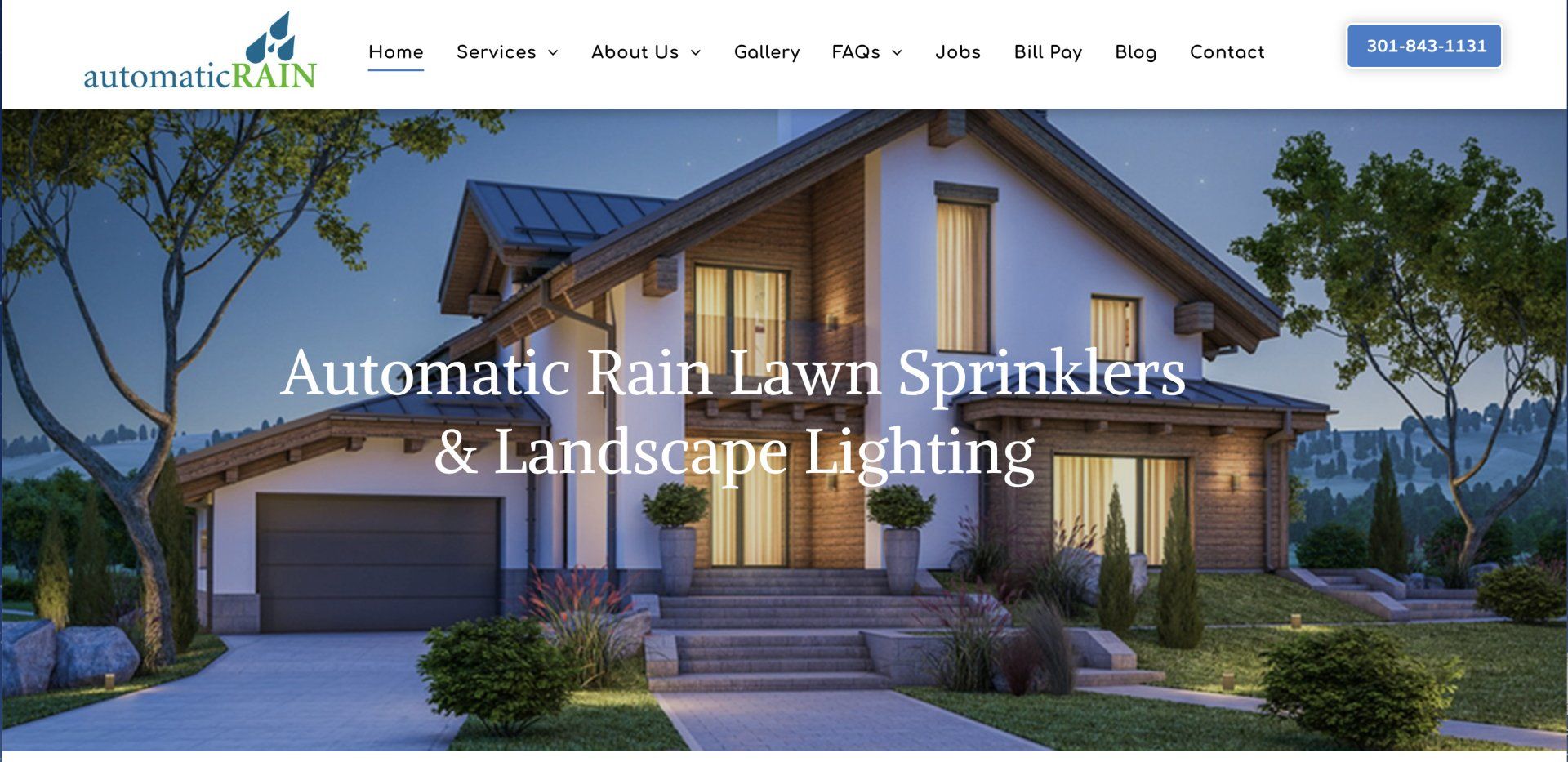 A screenshot of a website for automatic rain lawn sprinklers and landscape lighting.