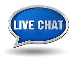 A blue speech bubble with the words `` live chat '' written inside of it.