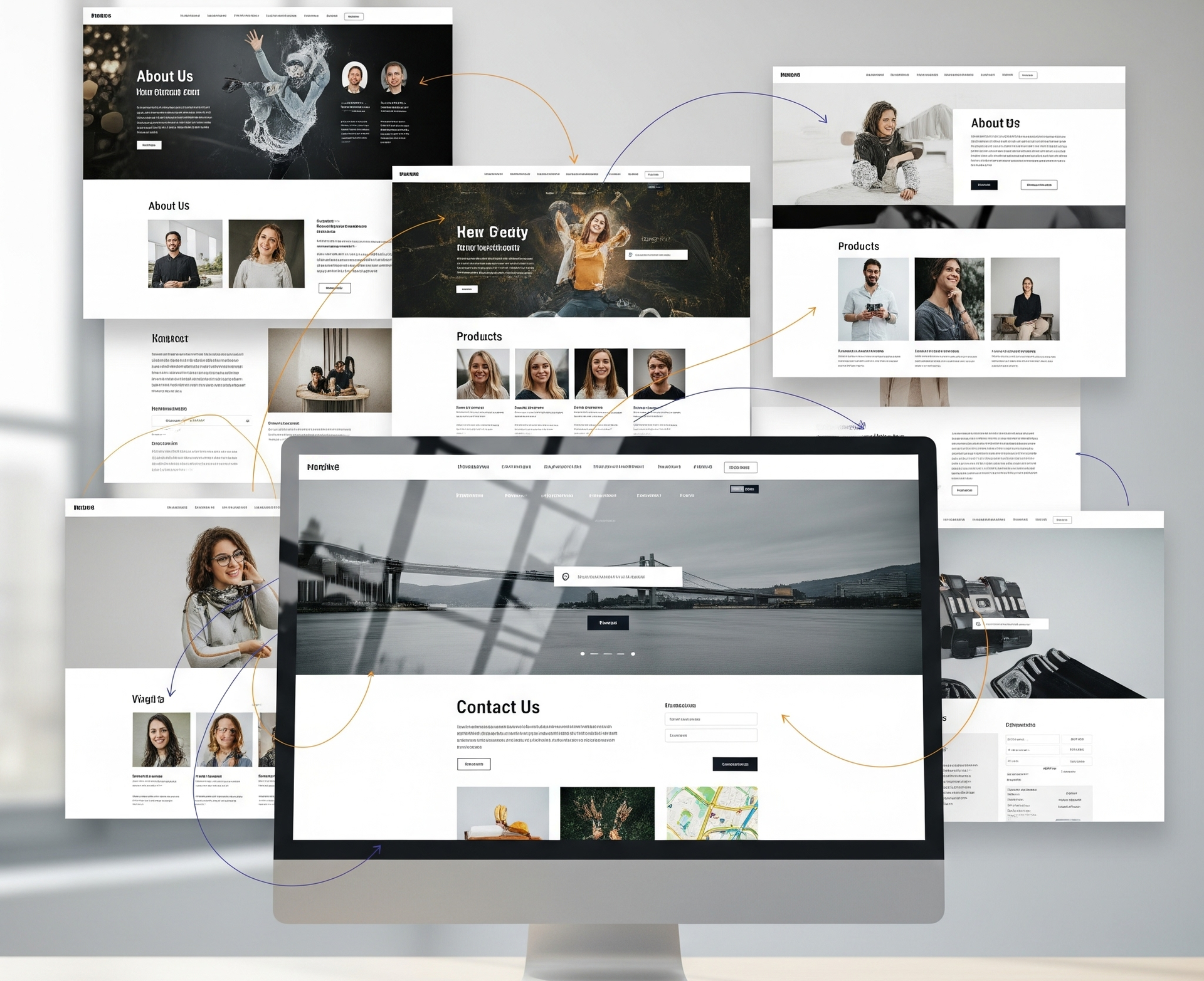Multiple website mockups on a computer screen, showcasing various layouts with people, text, and graphics.