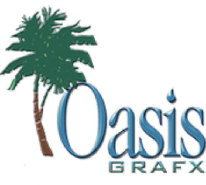 A logo for oasis grafx with a palm tree