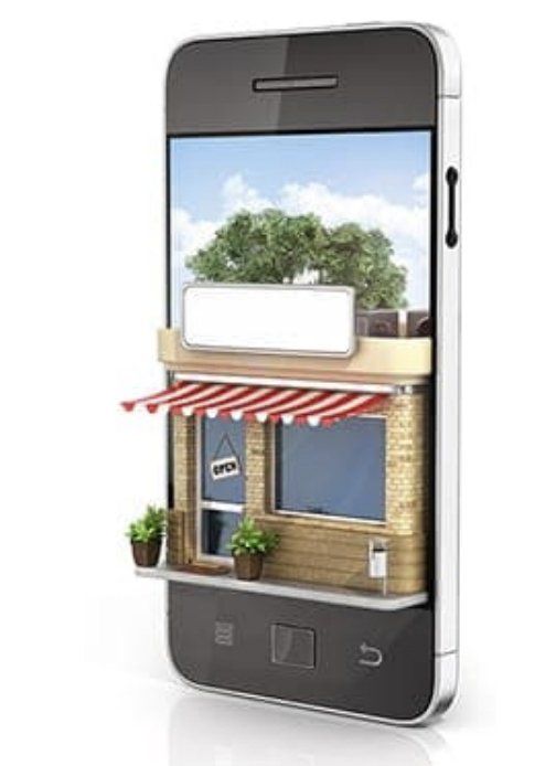 A cell phone with a picture of a store on the screen.