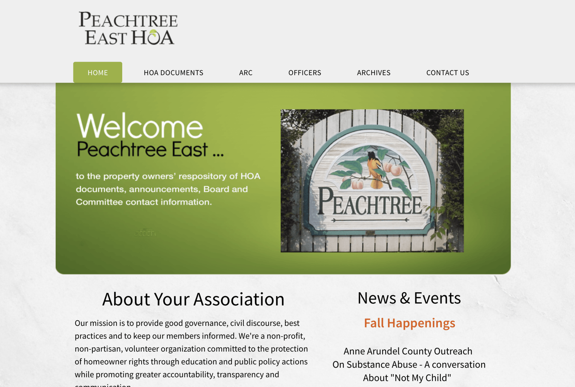 A peachtree east hoa website shows a welcome page