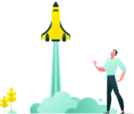 A man is standing in front of a yellow rocket flying through the air.
