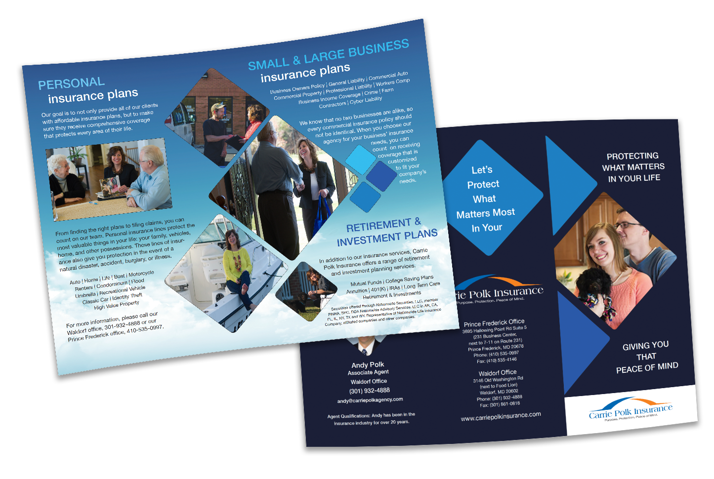 A blue brochure with a picture of a man and woman on it