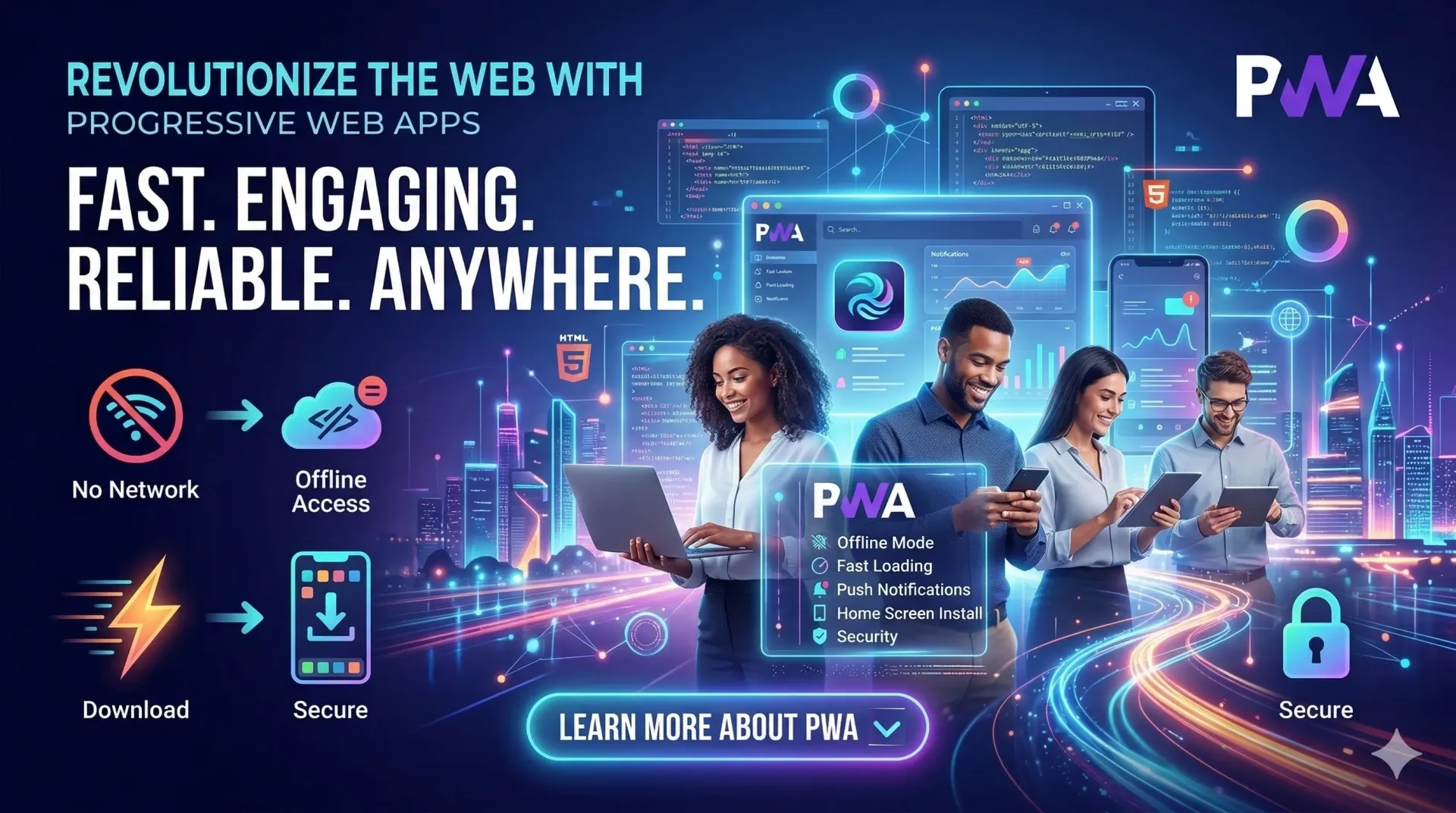 A digital advertisement for Progressive Web Apps featuring tech professionals, a cityscape, and key PWA benefits.