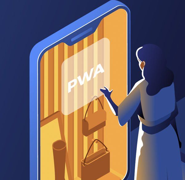 A woman is standing in front of a phone that says pwa