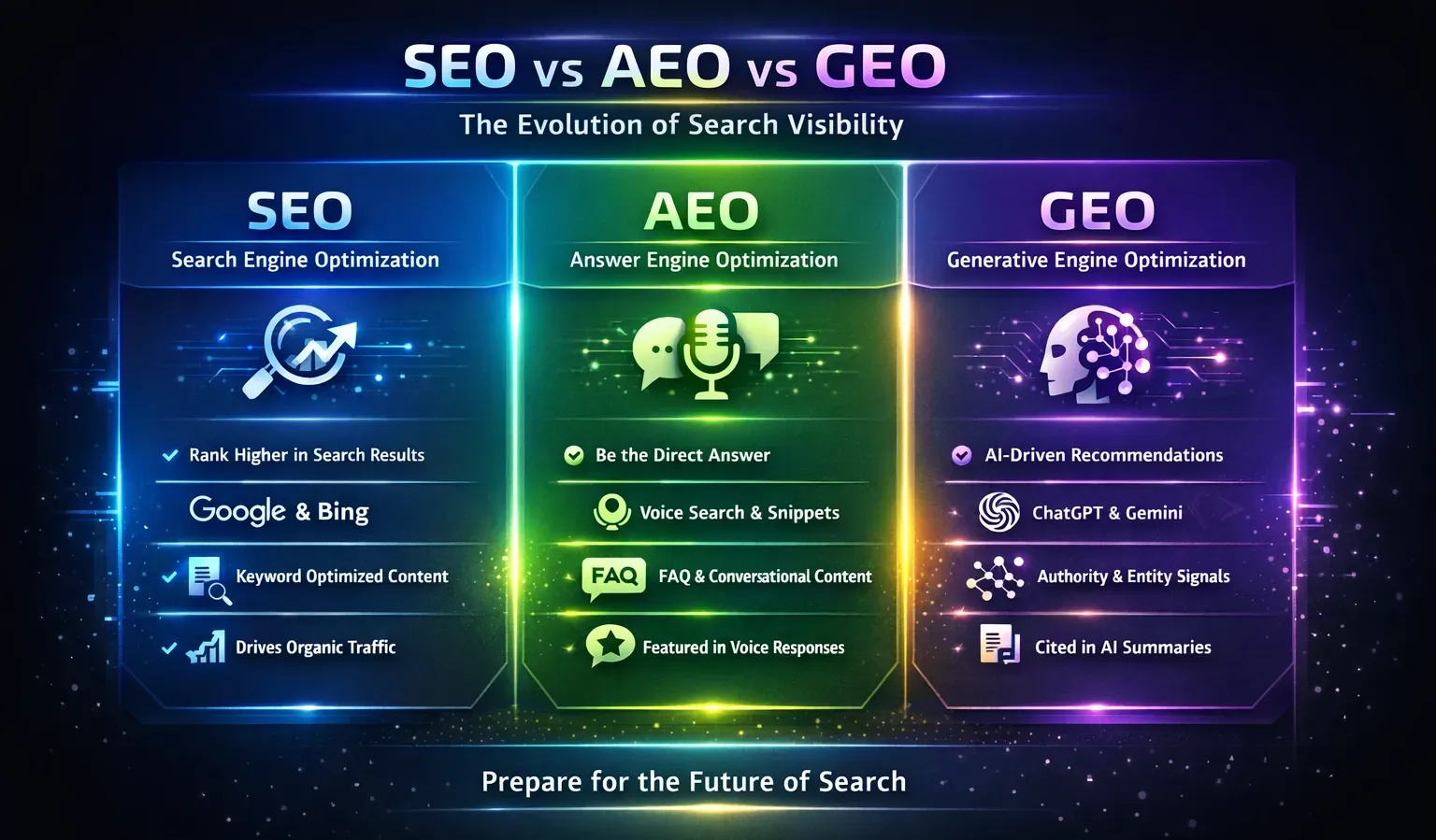 SEO, AEO, and GEO comparison graphic with respective icons, text, and color schemes, showing evolution of search visibility.
