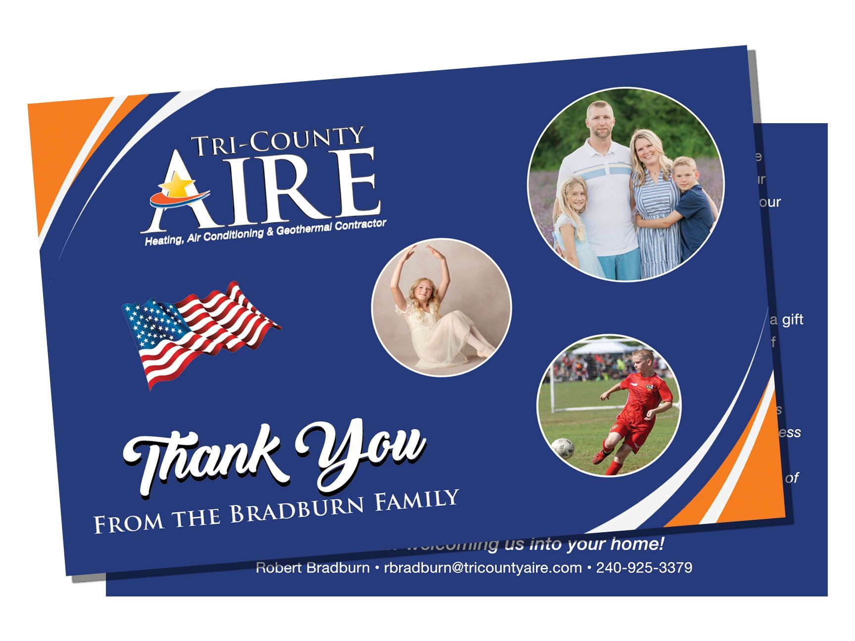 A blue and orange Tri-County Aire referral card.