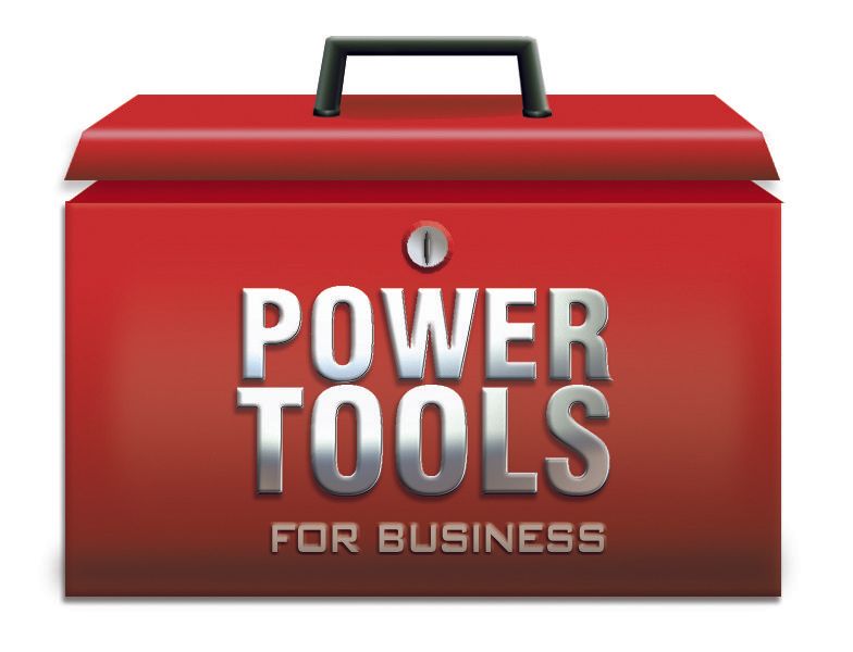 A red toolbox that says power tools for business