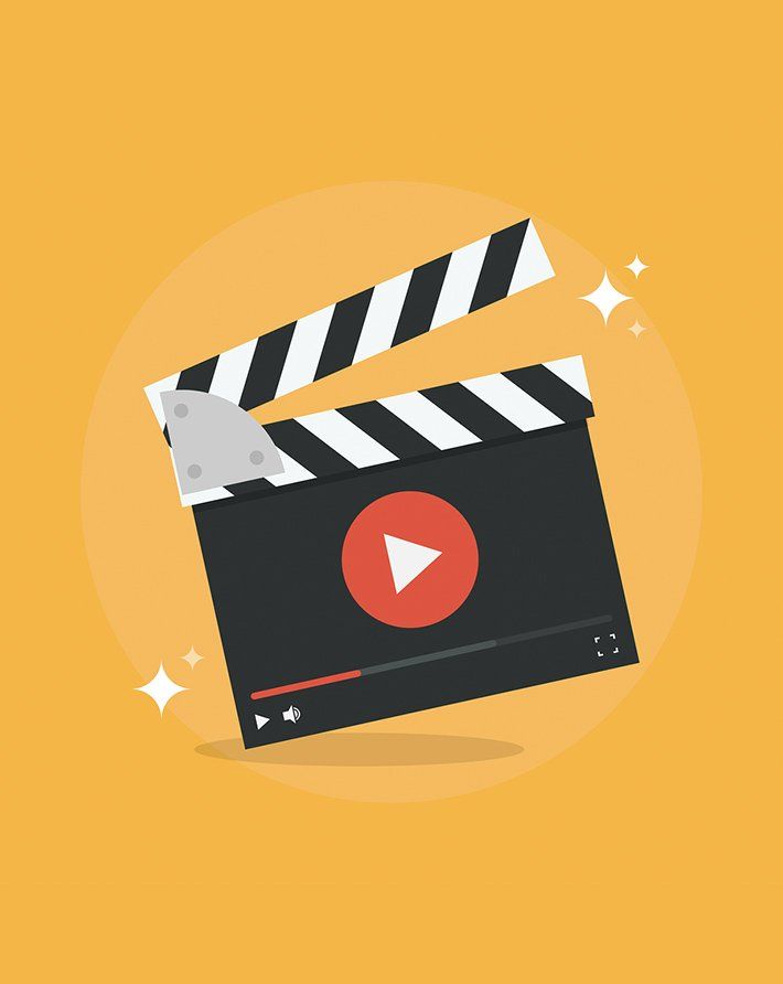 A clapper board with a play button on it on a yellow background.