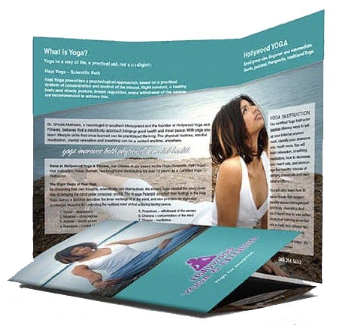 A brochure explaining what is yoga with a picture of a woman
