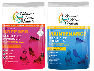 Two bags of advanced avian naturals small bird breeder mash diet formula and maintenance mash diet formula.