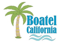 A logo for boatel california with a palm tree and waves