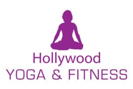 The logo for hollywood yoga and fitness shows a woman in a lotus position.