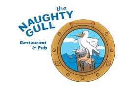 A logo for the naughty gull restaurant and pub