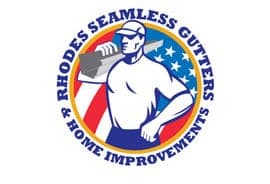 A logo for rhodes seamless gutters and home improvements