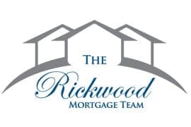 A logo for the rickwood mortgage team with three houses on a white background.