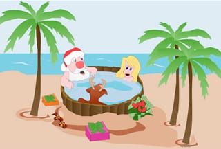 A cartoon of santa claus, Rudolph, and a woman in a hot tub on the beach.