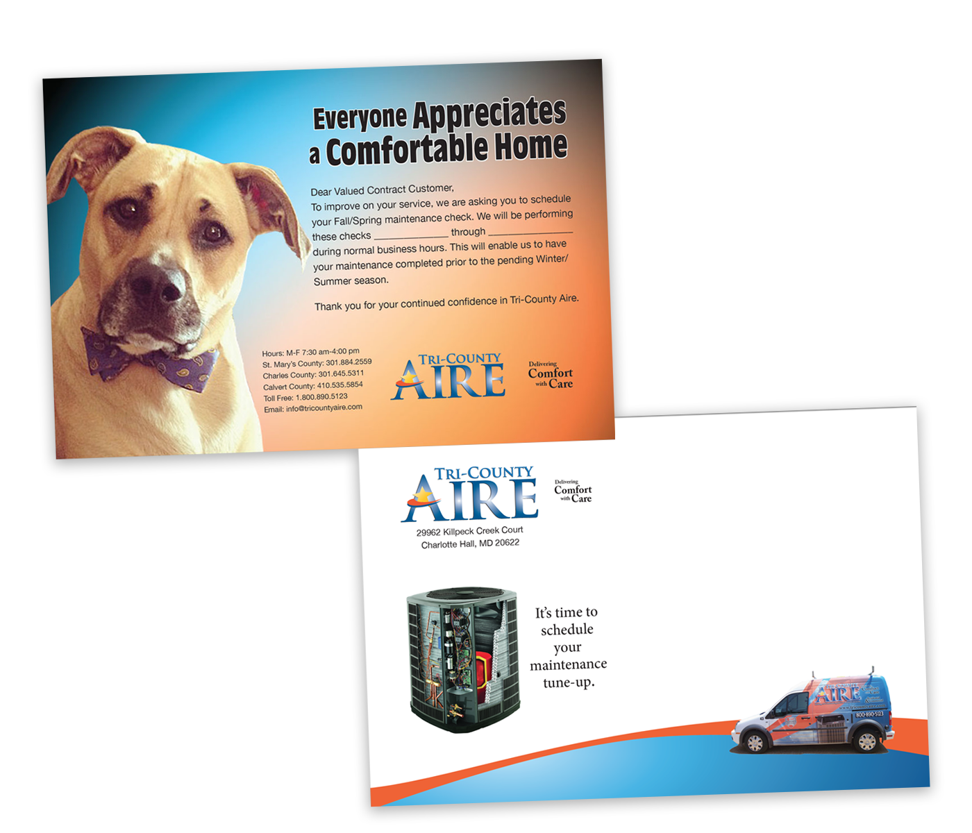 A picture of a dog and an advertisement for aire air conditioning