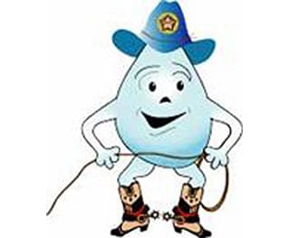 A cartoon of a water drop wearing a cowboy hat and cowboy boots.