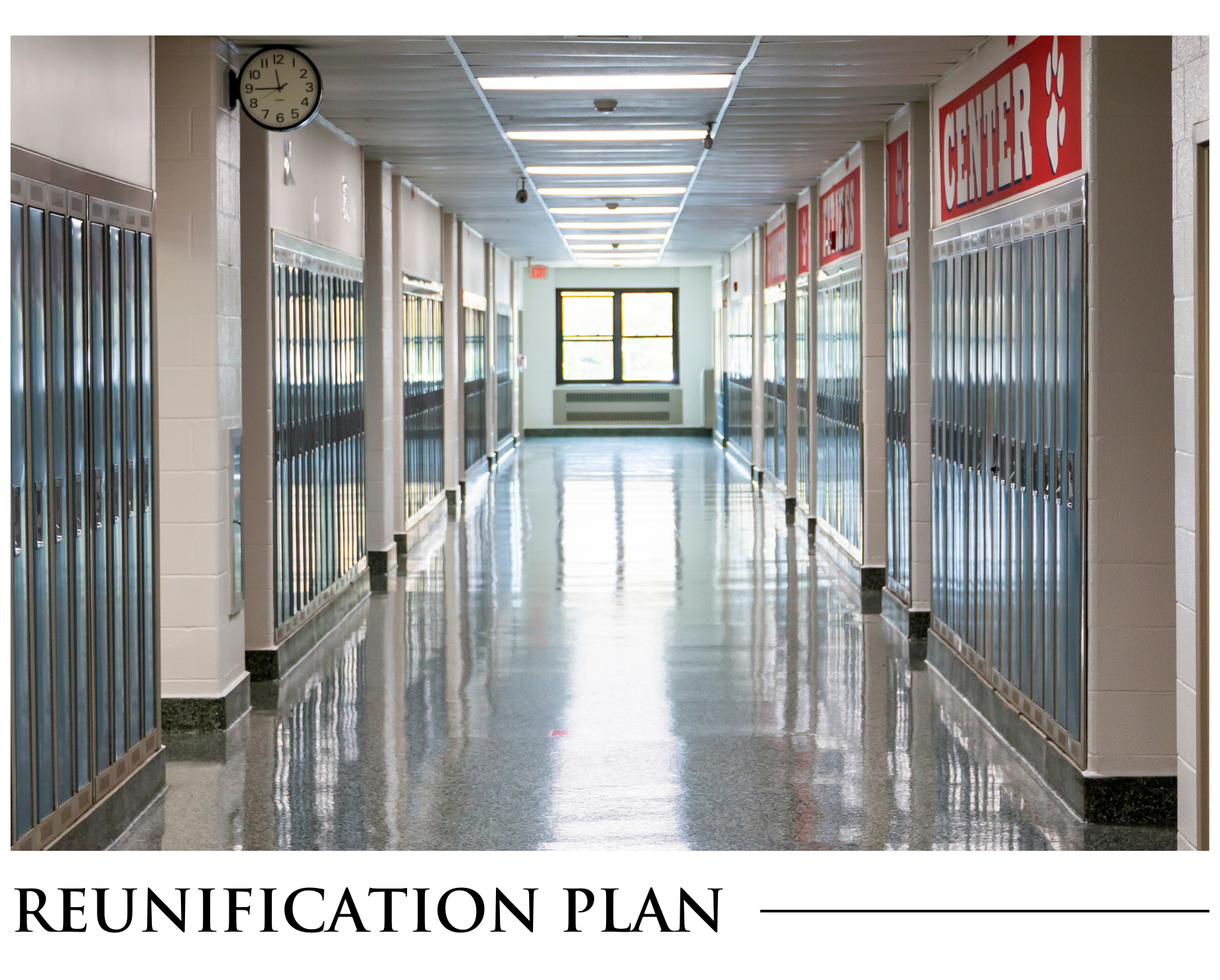 A long hallway with lockers and a clock and the words reunication plan on the bottom