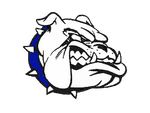 A black and white drawing of a bulldog with a blue collar.