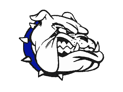 A black and white drawing of a bulldog with a blue collar.