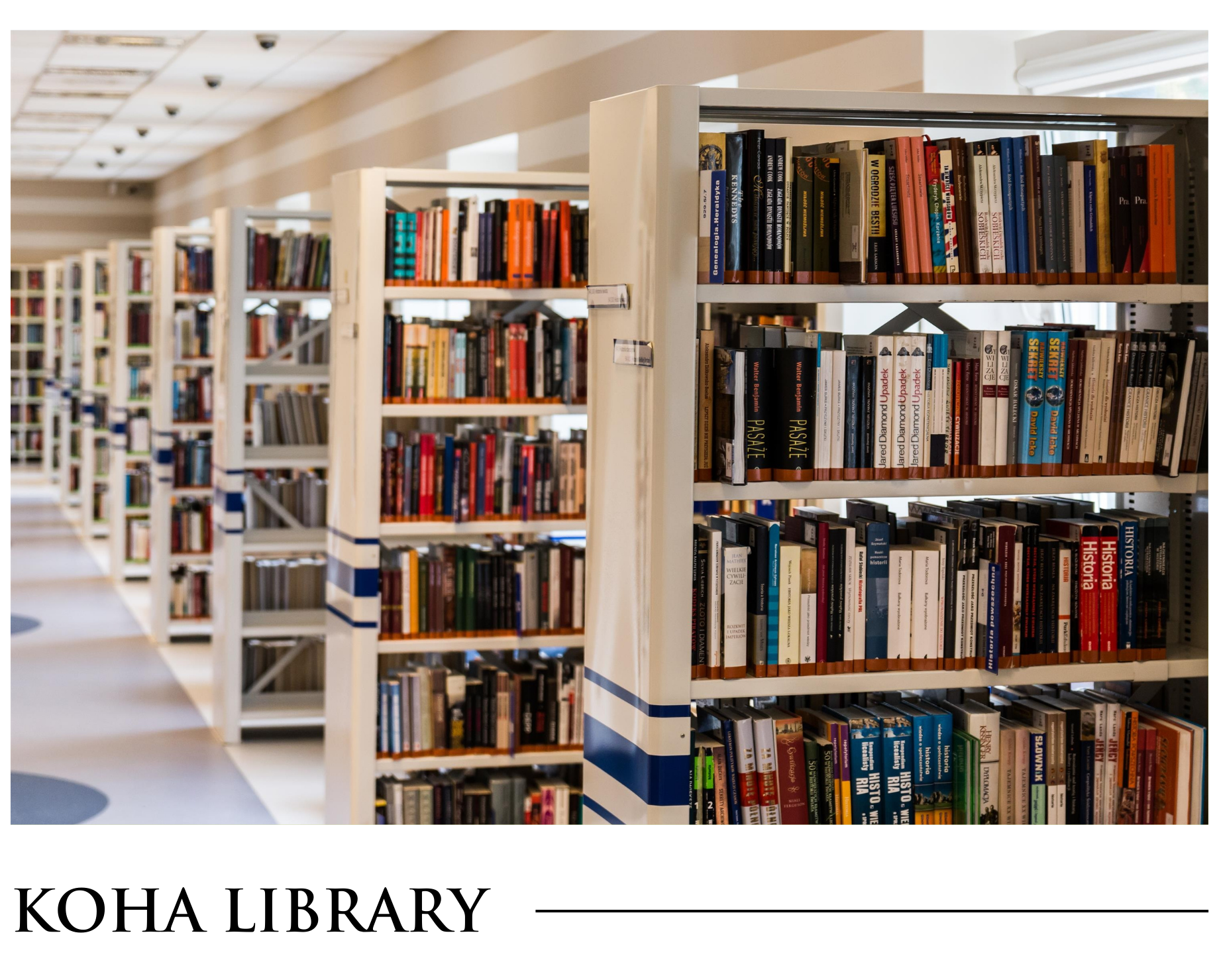 A row of bookshelves in a library with the words koha library on the bottom