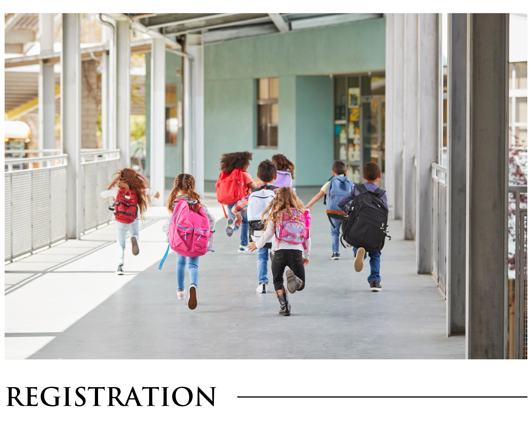 A group of children with backpacks are running down a hallway.