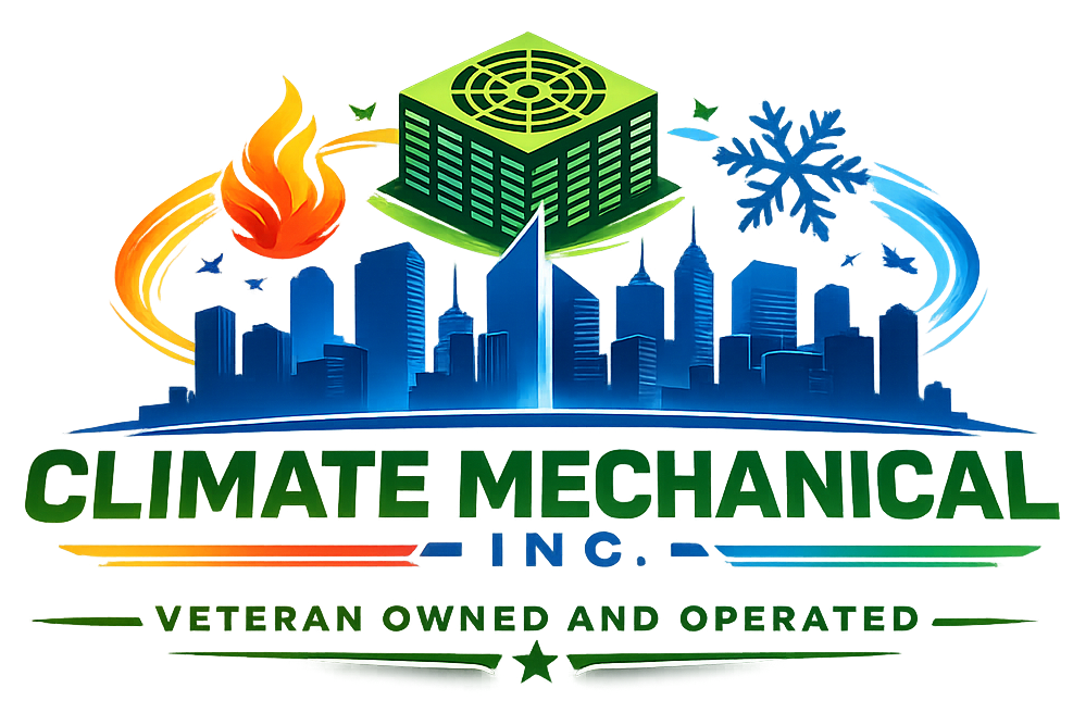 Logo for Climate Mechanical Inc., with cityscape, HVAC unit, flame, snowflake, and text