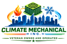 Logo for Climate Mechanical Inc., with cityscape, HVAC unit, flame, snowflake, and text 